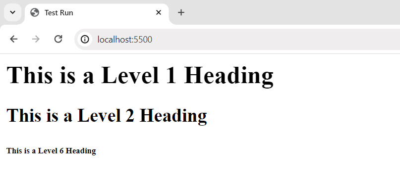 Browser display of heading test run