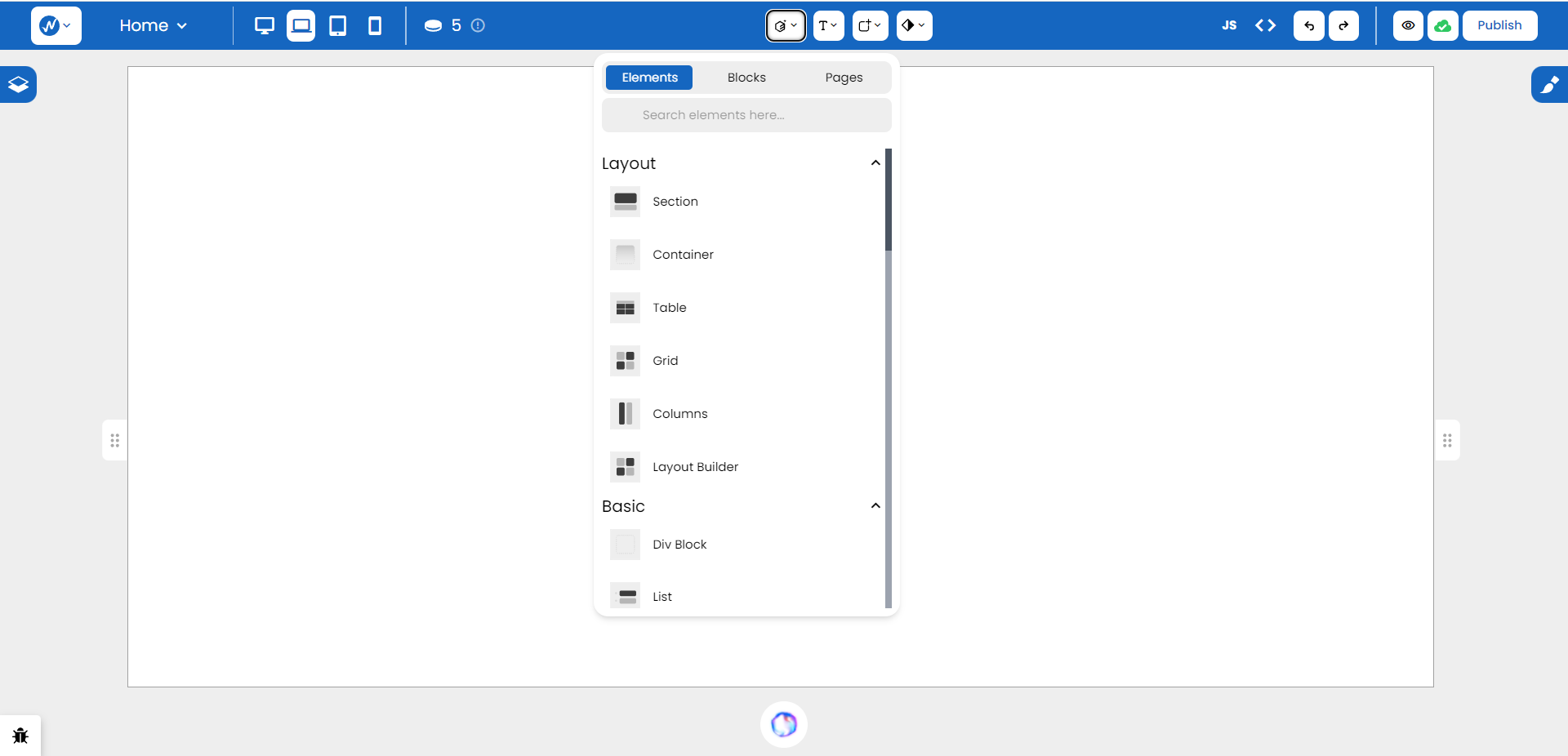 WebbsAI Panel Elements and Layout Dropdown