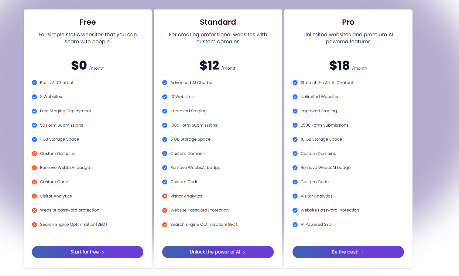 WebbsAI Plan Page